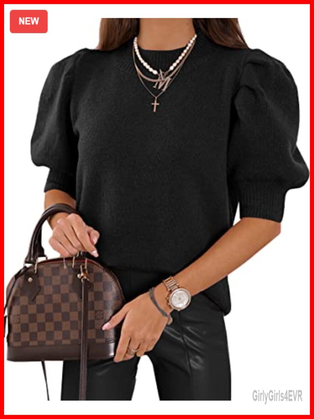 Womens Puff Short Sleeve Knit Sweater Top Crew Neck Casual Blouse